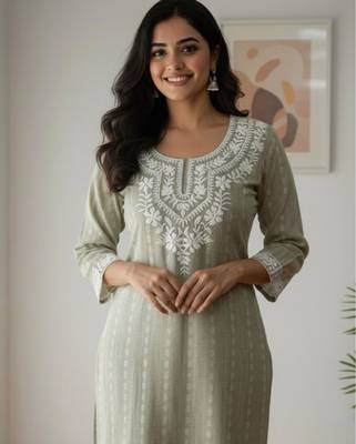 Light olive botanical embroidered kurta with keyhole detail 2
