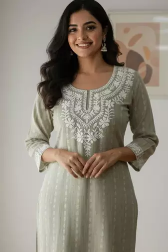 Light olive botanical embroidered kurta with keyhole detail