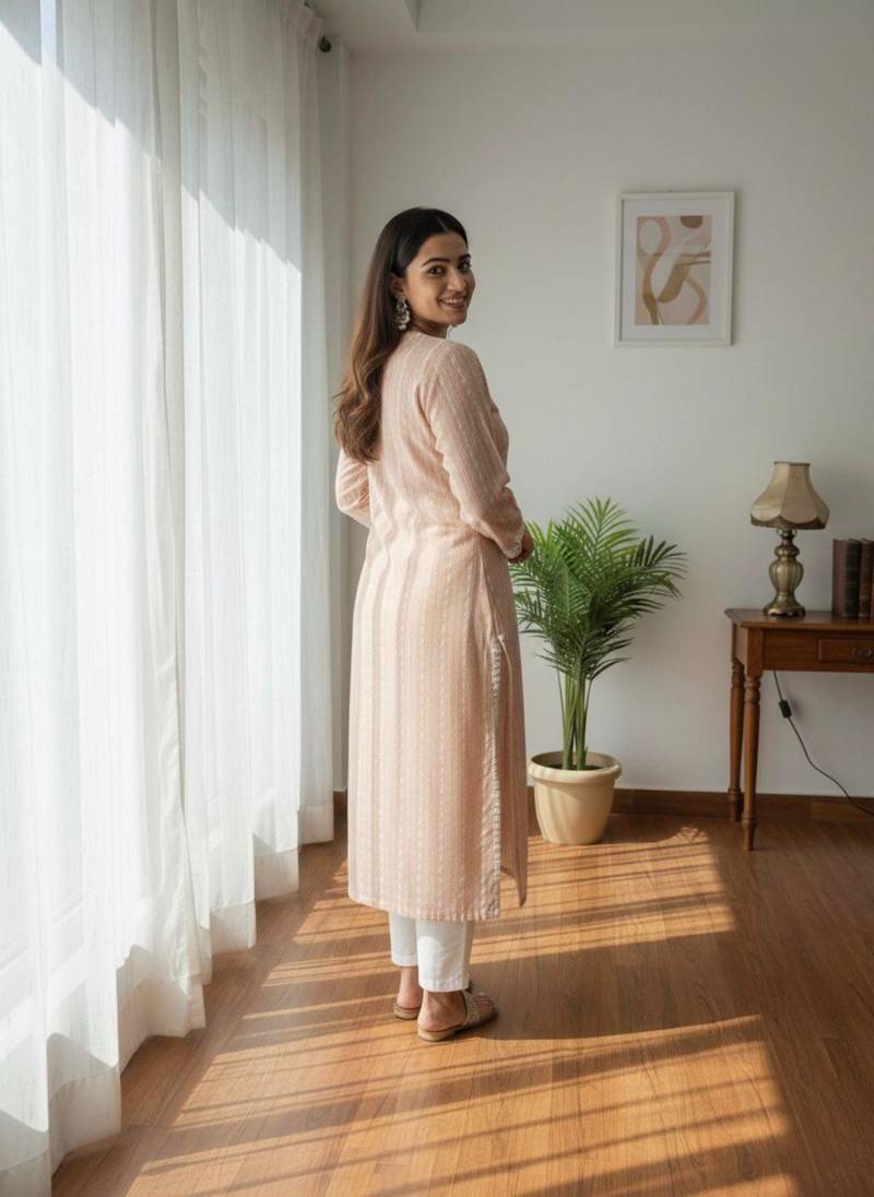 Peach chikankari kurta with intricate neckline