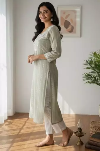 Light olive botanical embroidered kurta with keyhole detail