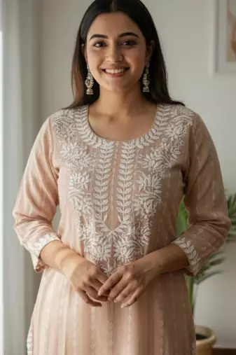 Peach chikankari kurta with intricate neckline