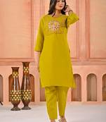 Dark yellow kurta set with printed motifs