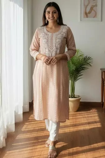 Peach chikankari kurta with intricate neckline