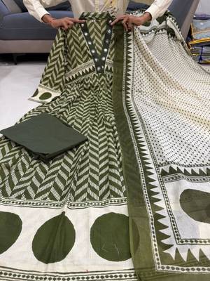 olive green cotton anarkali set  1