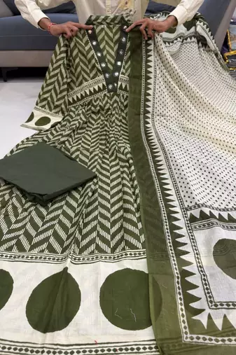 olive green cotton anarkali set 