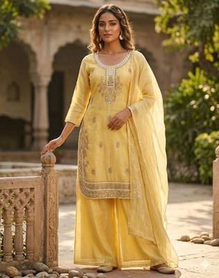 yellow silk blend kurta set  1
