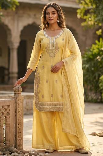 yellow silk blend kurta set 