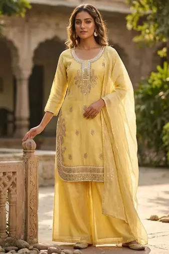 yellow silk blend kurta set 