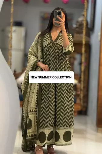 olive green cotton anarkali set 