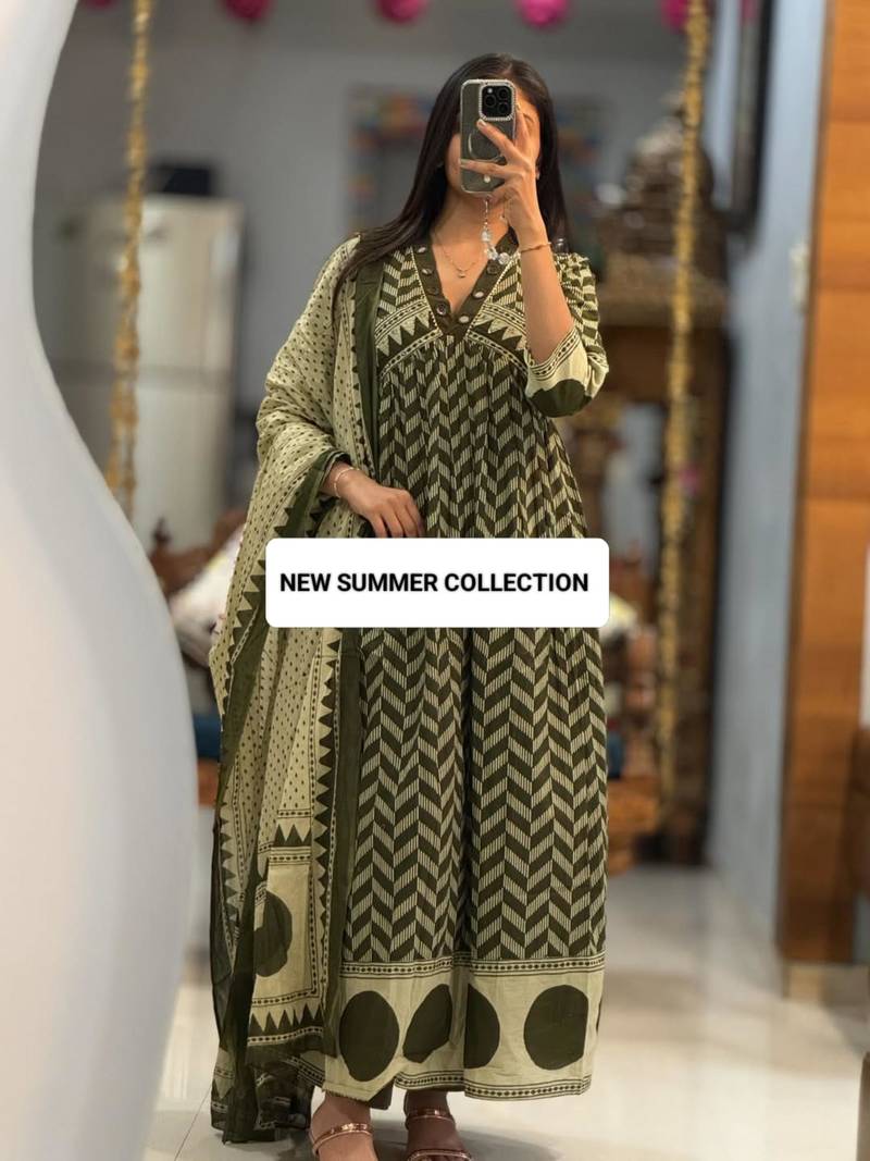 olive green cotton anarkali set 