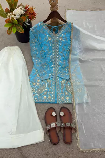 sky blue silk blend suit set