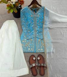 sky blue silk blend suit set