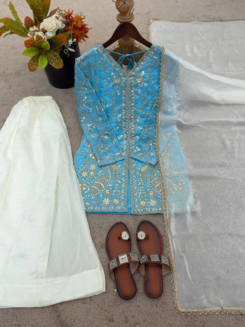 sky blue silk blend suit set