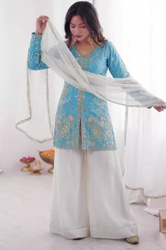 sky blue silk blend suit set