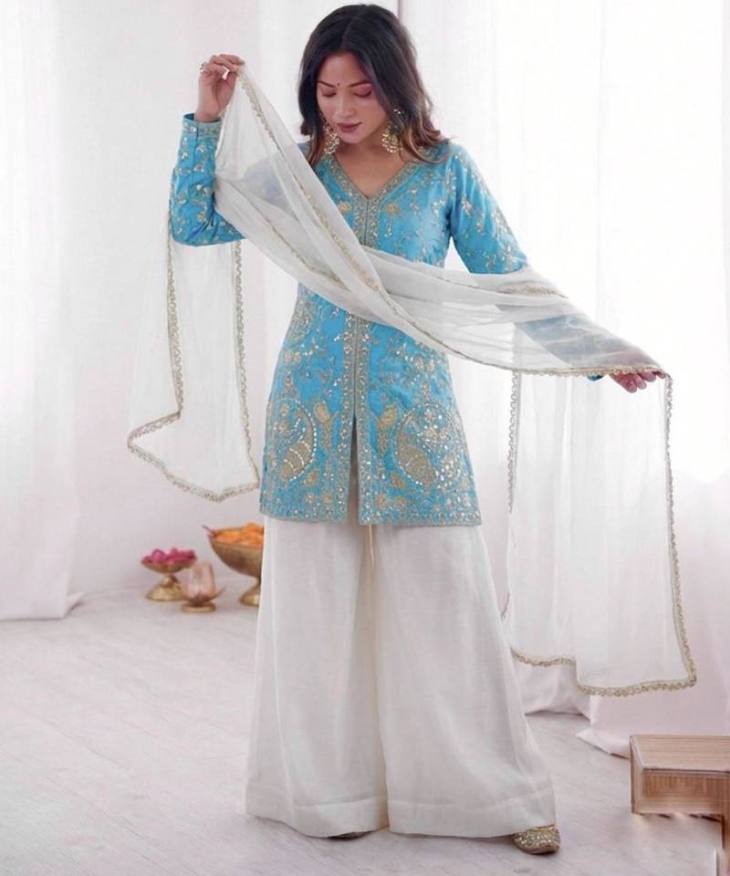 sky blue silk blend suit set