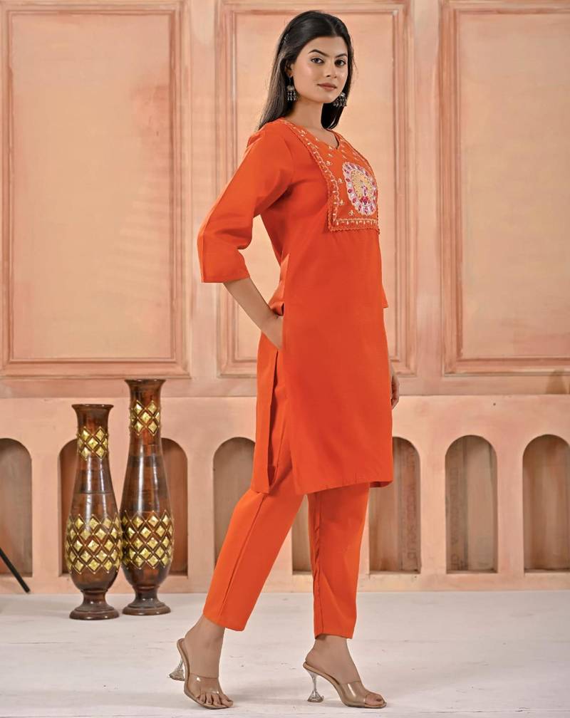 ORANGE kurta set with PRINTED motif