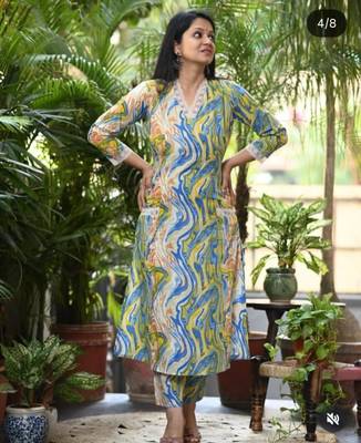 multicolour marble print v-neck kurta set. 1