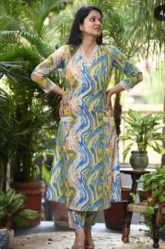 multicolour marble print v-neck kurta set with lace trim