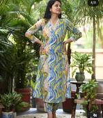 multicolour marble print v-neck kurta set with lace trim