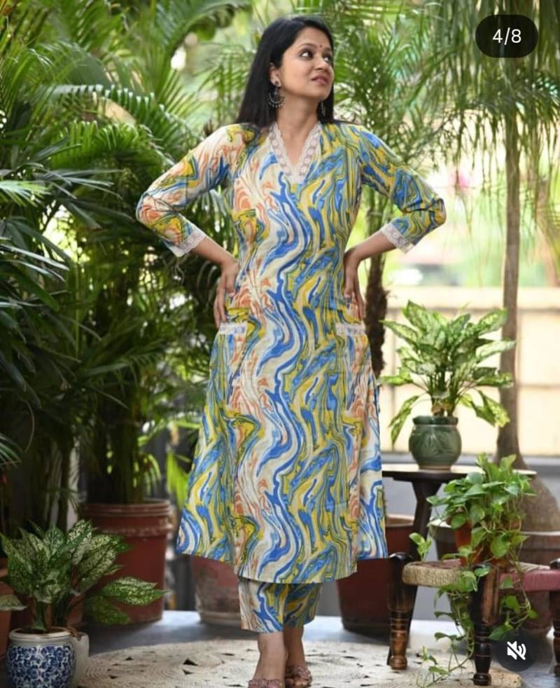 multicolour marble print v-neck kurta set with lace trim