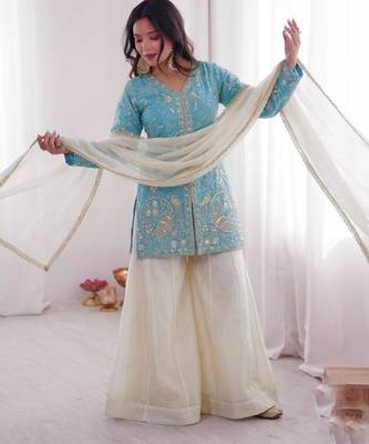 sky blue silk blend suit set 1