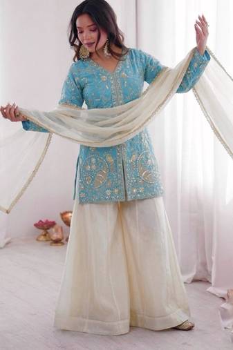 sky blue silk blend suit set