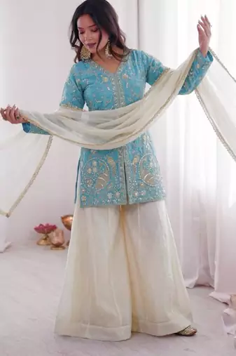 sky blue silk blend suit set