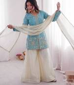 sky blue silk blend suit set