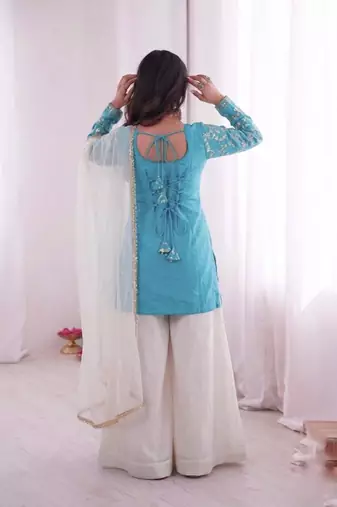 sky blue silk blend suit set