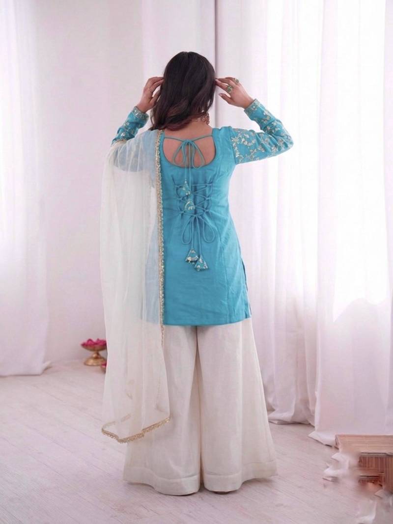 sky blue silk blend suit set