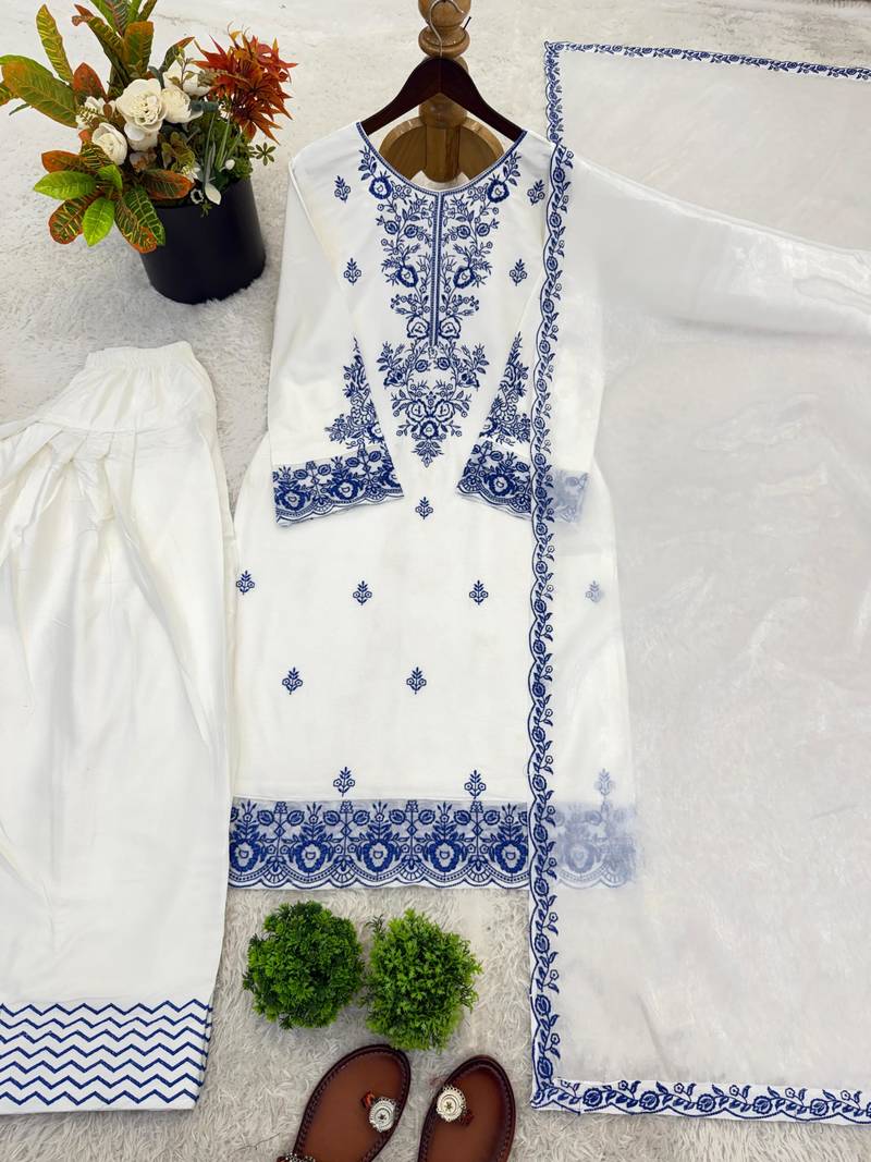 blue embroidered rayon kurta set