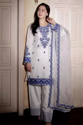 blue embroidered rayon kurta set