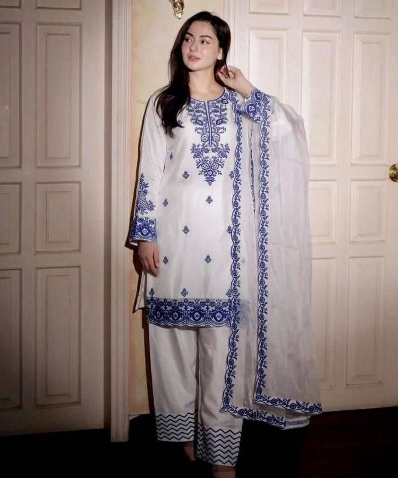 blue embroidered rayon kurta set