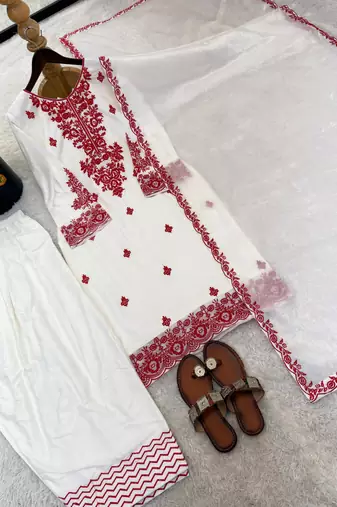 red embrodered organza kurta
