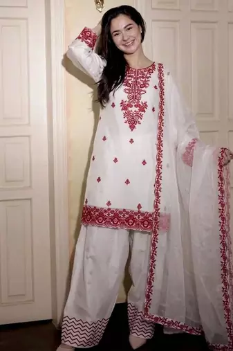 red embrodered organza kurta