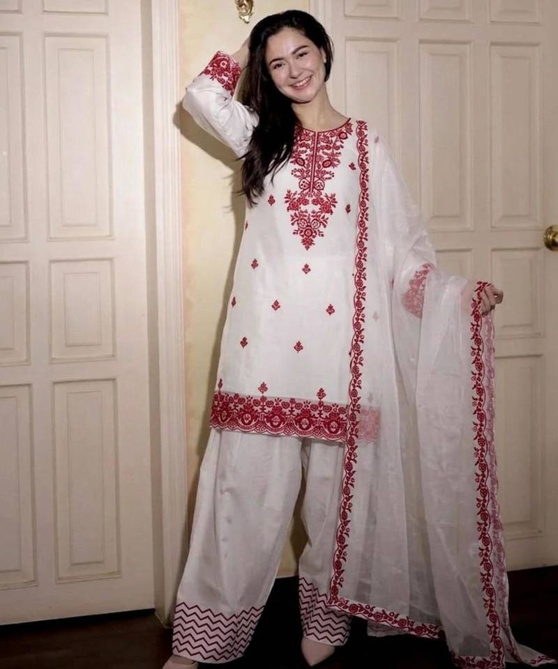 red embrodered organza kurta