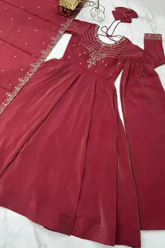 red silk blend anarkali kurta set