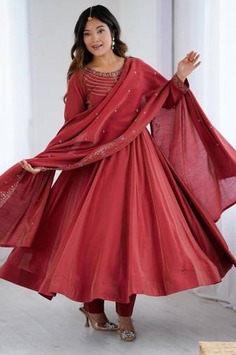 red silk blend anarkali kurta set