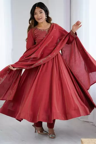 red silk blend anarkali kurta set