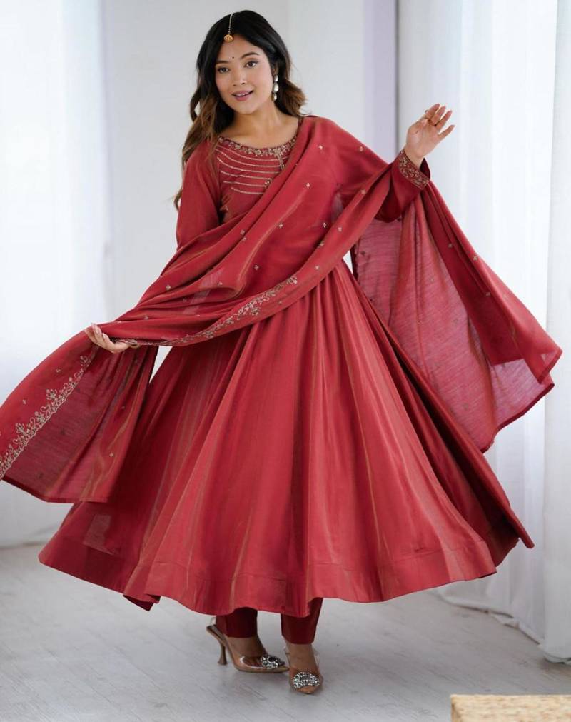 red silk blend anarkali kurta set