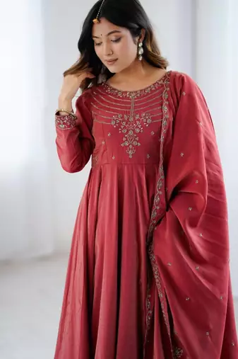 red silk blend anarkali kurta set
