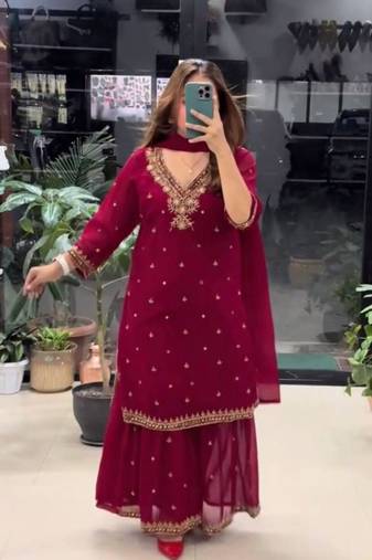 maroon georgette kurta set