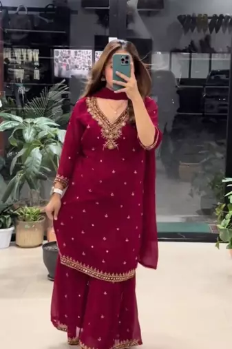 maroon georgette kurta set