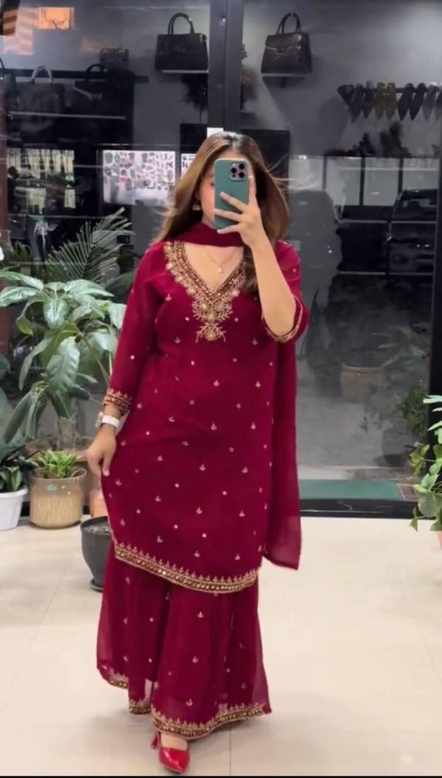 maroon georgette kurta set