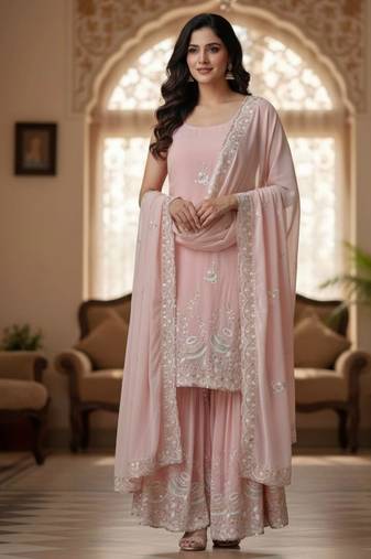 elegant pastel pink embroidered suit set