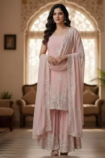 elegant pastel pink embroidered suit set