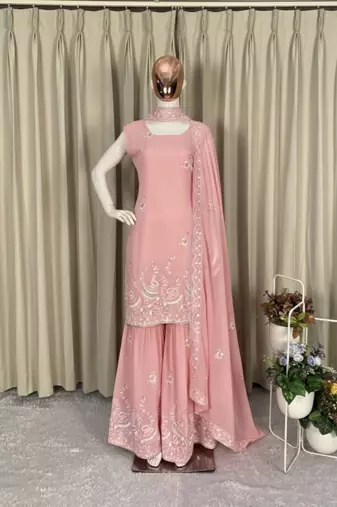 elegant pastel pink embroidered suit set