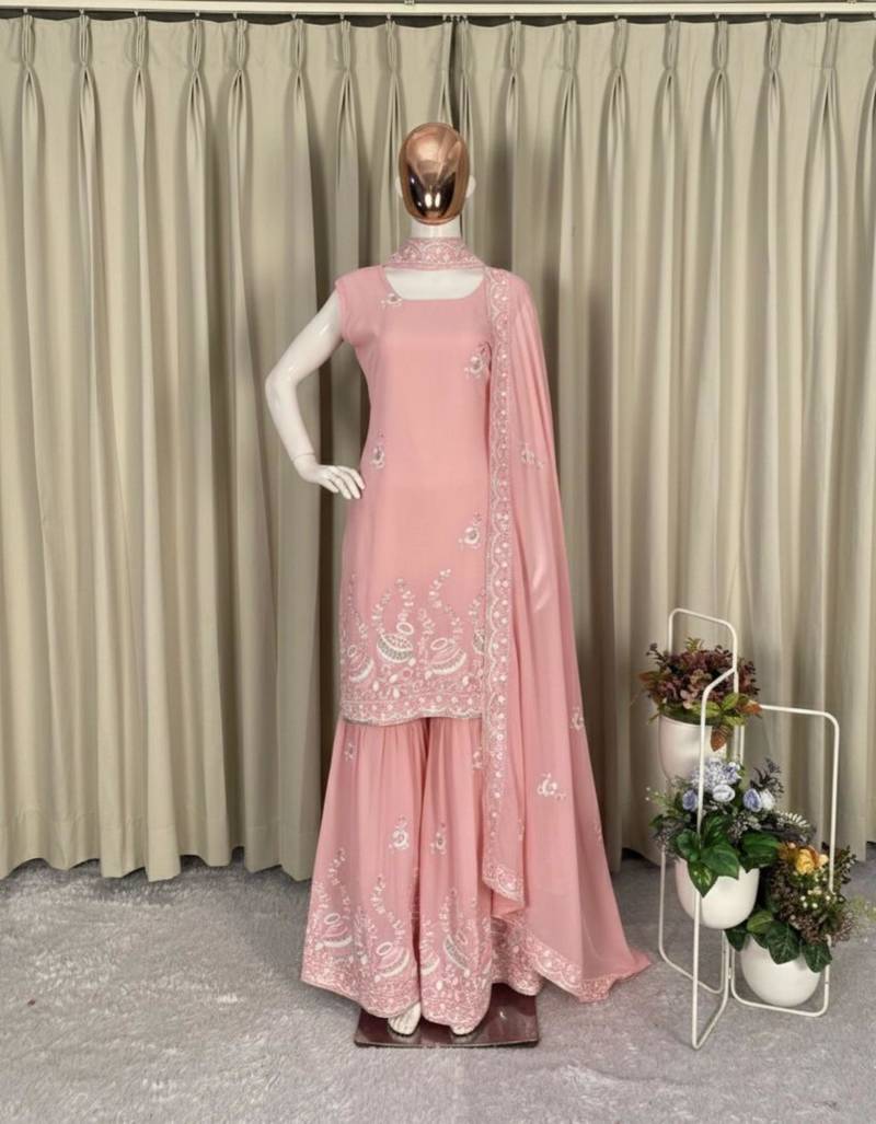 elegant pastel pink embroidered suit set