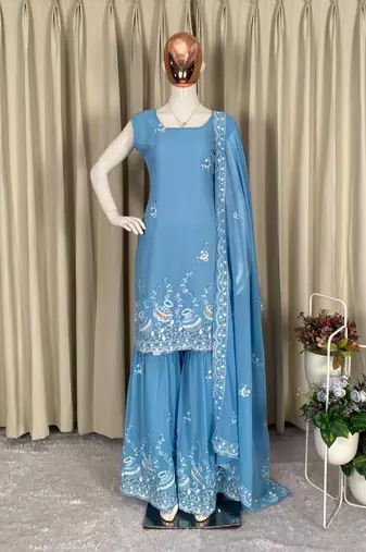 pastel blue embroidered suit set 
