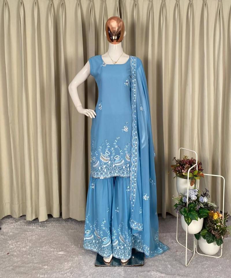 pastel blue embroidered suit set 